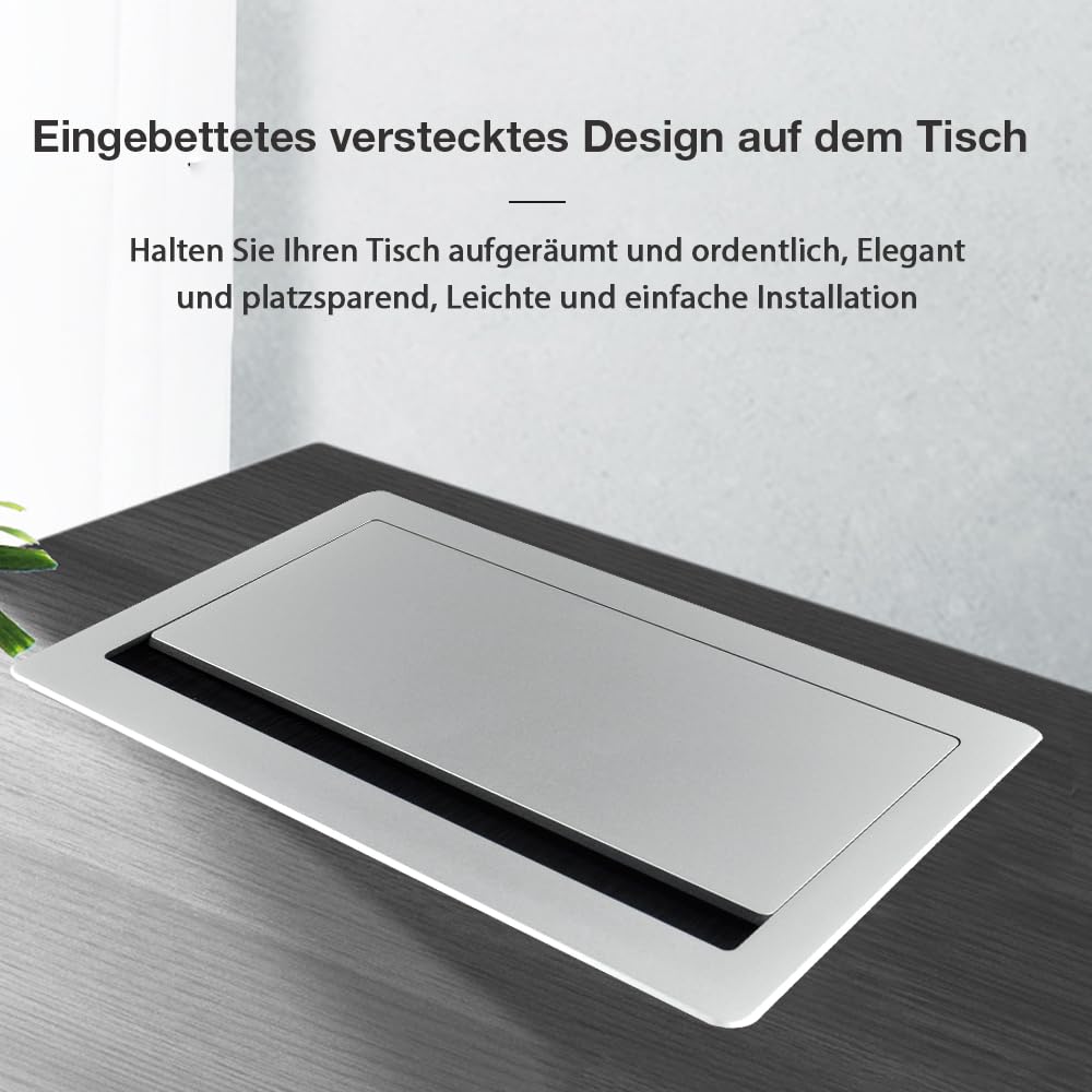 Einbausteckdose versenkbar Konferenzraum Tisch Multimedia Steckdose Silber-2xSchuko-2xCAT6-2xHDMI-1xUSB3.0-Stereo-1xUSB-C Daten (Silver)