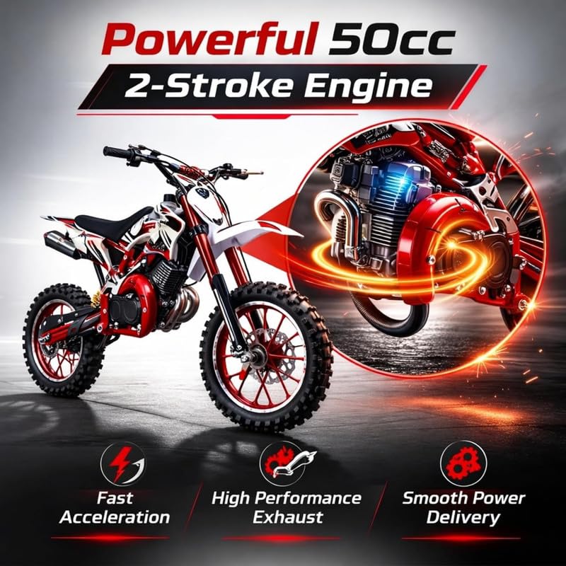 Image of VTX 50cc Petrol Kids Dirt Bike | 2-Stroke Engine Mini Off-Road Motorcycle | 45 km /h Top Speed| Front & Rear Disc Brakes| Rear Suspension,| 90 kg Capacity | Red