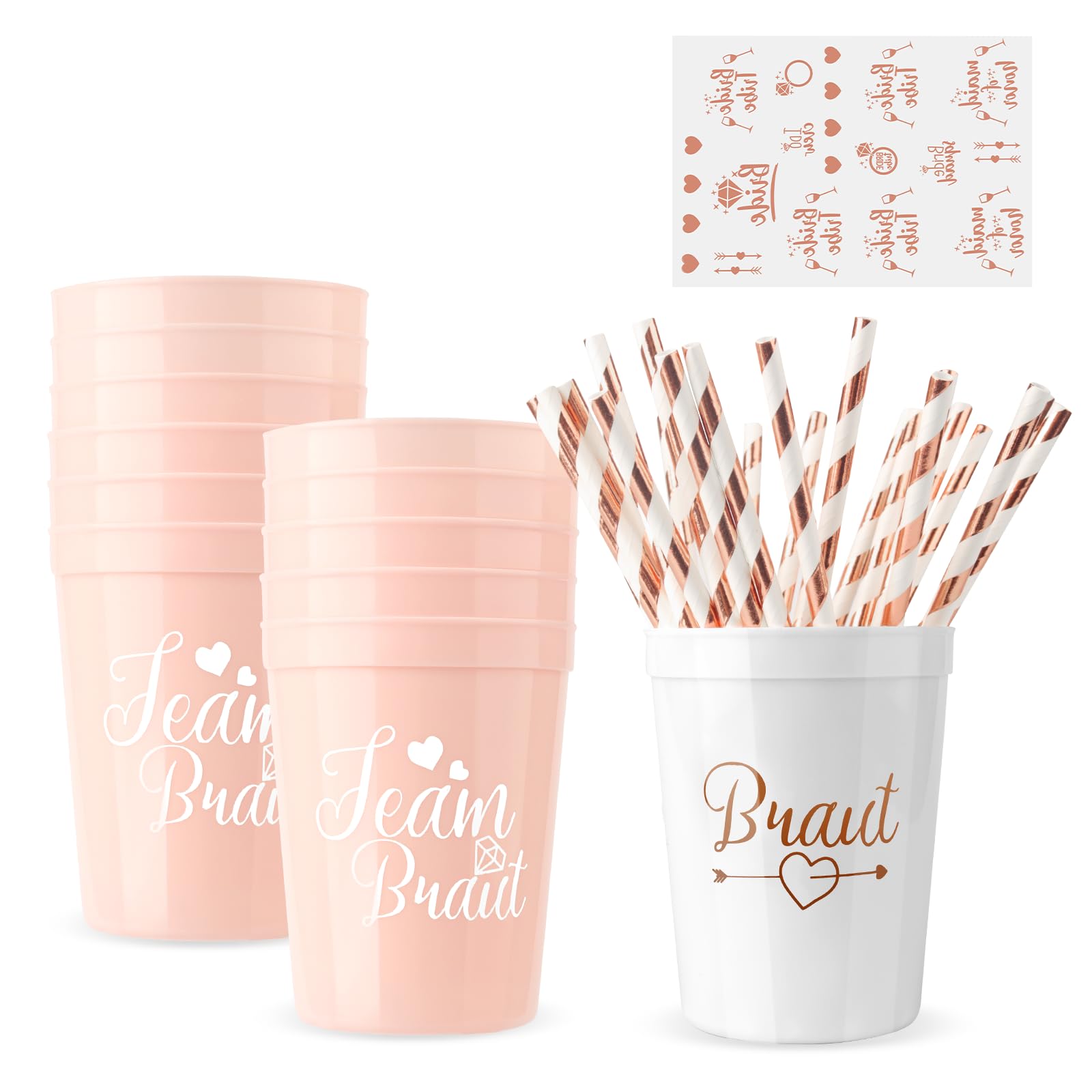 MOKIDO 12 Stück JGA Becher Set, Team Braut Partybecher mit Goldstrohhalmen | Tattoo-Sticker, Brautbecher für Bachelorette Party, Junggesellinnenabschied, Hochzeit, Frauenfest