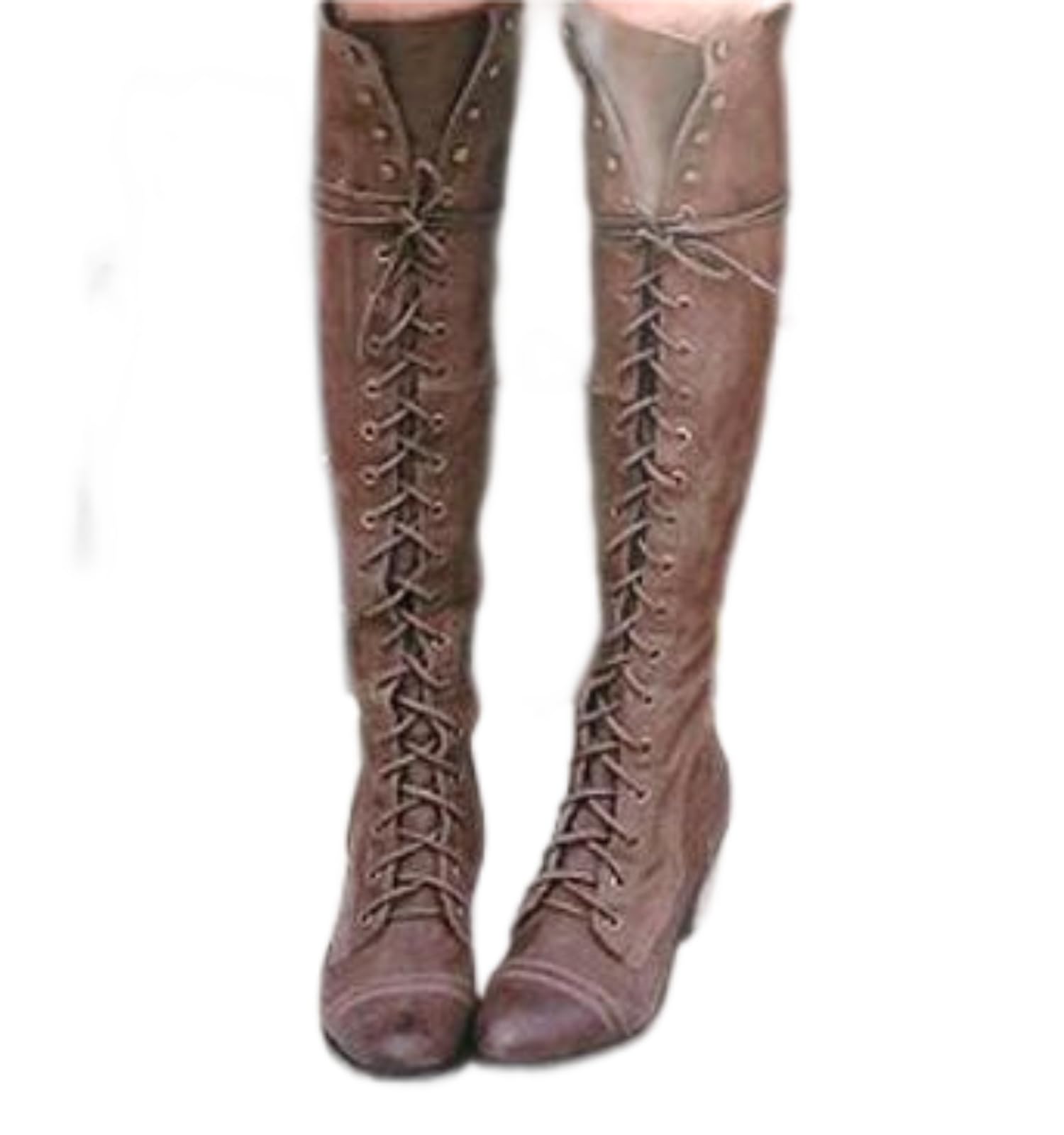 RUMITY Strap boots, rivet boots, women's knee length boots, retro knight boots, 34-43(brown,42)