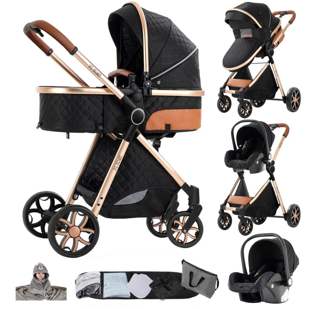 3 in 1 Kinderwagen Schwarz Aluminiumrahmen Set mit Verdeck