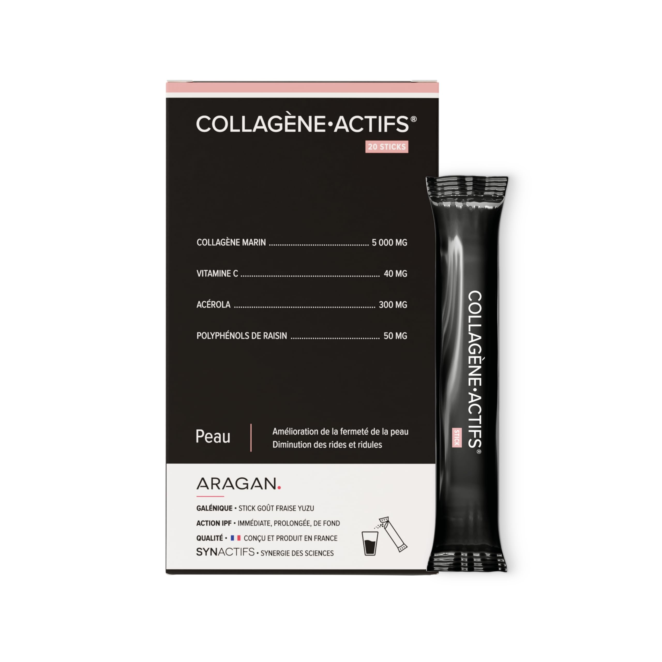 Collagene Marin 5000mg Format Pratique - Complement Alimentaire Anti Age, Elasticité & Fermeté de la Peau - Vitamine C, Acerola, Polyphénols De Raisin - Aragan - 20 Sticks