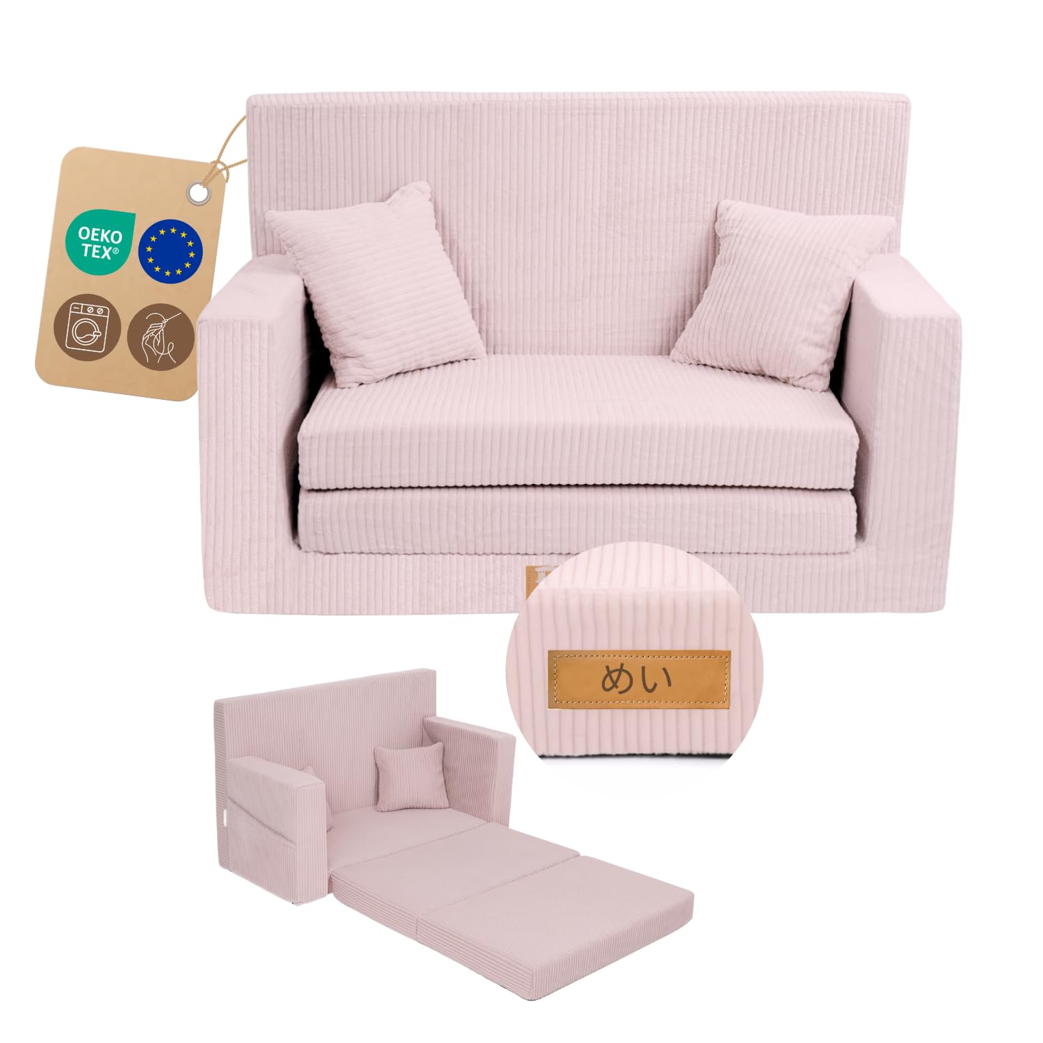 Flumi Personalisierte Kindercouch Kinder Sessel Baby Sofa Mini Schlafsofa Spielsofa Kinderzimmer Schlafsessel Bettfunktion Kindermöbel 92x40x60 Mikrofaser mit Gravur KINDERNAME (Kord Rosa)