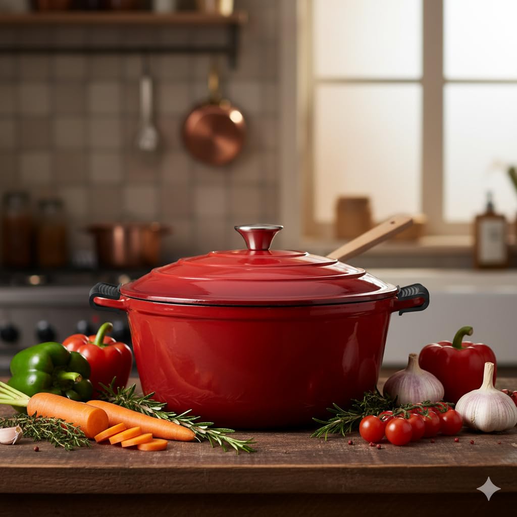 The Better Home Rustic Series Cast Iron Dutch Oven (5L) | Enamel Coated Biryani Handi Pot Heavy Bottom | Handi With Lid For Cooking | Rust Proof Iron Pot | Gas & Induction Cookware (Red)
