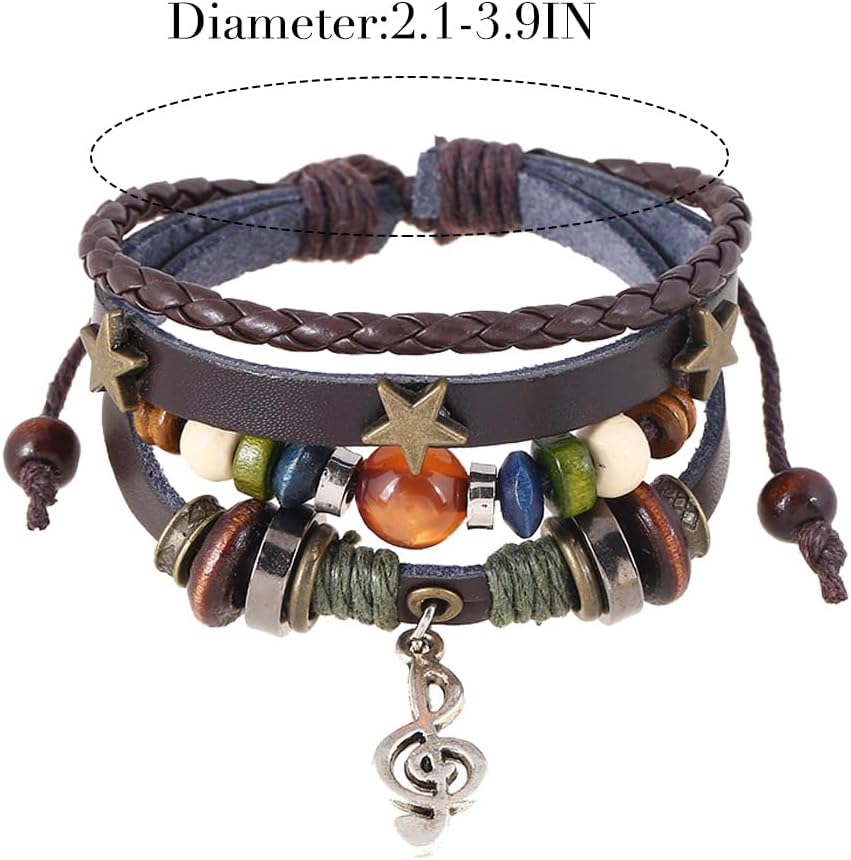 Leather Music Bracelets Braided Beaded Bracelet Black Stackable Bracelets for Women and Men