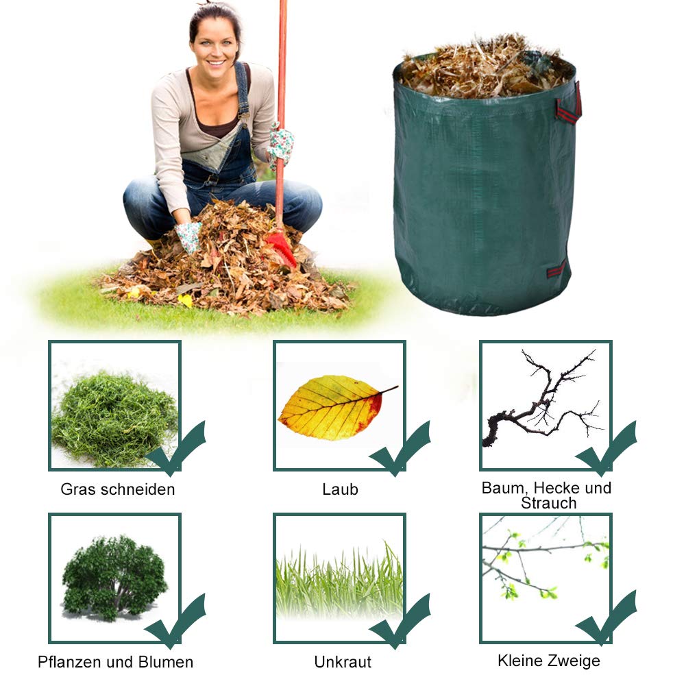 Greensen 4er Set Gartenabfallsack Laubsack Selbstaufstellend Gartensack Faltbar Abfallsäcke mit Doppeltem Boden Rasensack Wasserdichtes Laub Sack aus Robuste Gewebe PP, Müllsack 270L