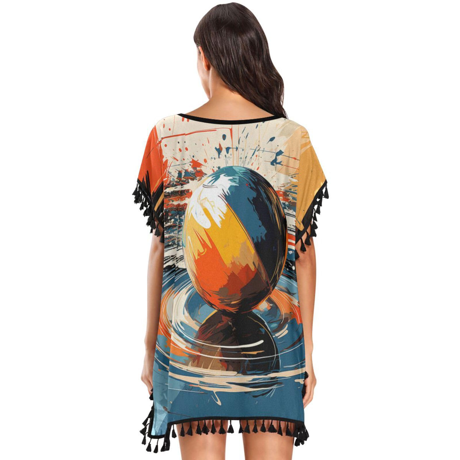 Watercolor Art Ball Women's Beach Cover Up Chiffon Tassel Swimwear Swimsuit Coverups for Girl