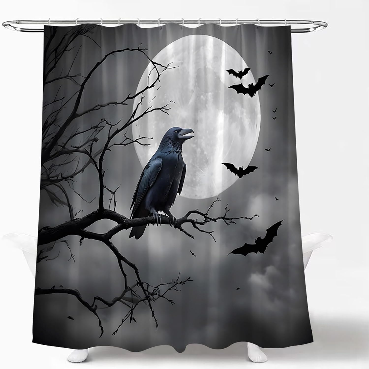 Halloween Shower Curtain Black Crow Bats Full Moon Night Gothic Blood Horror Scary Spooky Misty Forest Grey Bathroom Decor Curtain Set with Hook