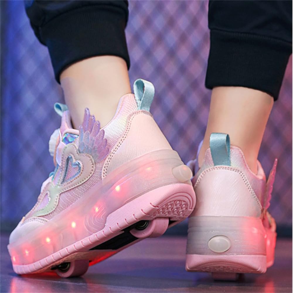 Mateju Filles Chaussures à roulettes, Enfant Patins à roulettes Brillant Mode avec 2 roulettes Rétractables, Chaussures de Skateboard Chaussures de Sport d'extérieur