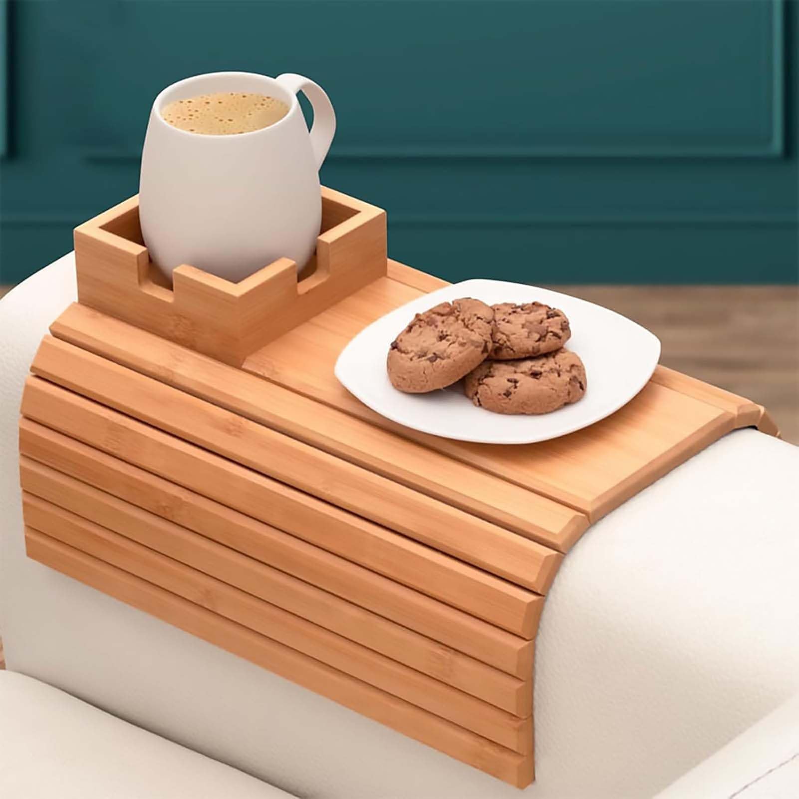 Soporte para tazas y bandeja para brazos, accesorio de sofá de madera antideslizante 2 en 1 para aperitivos, mandos a distancia, teléfono celular, perfecto compañero de sofá