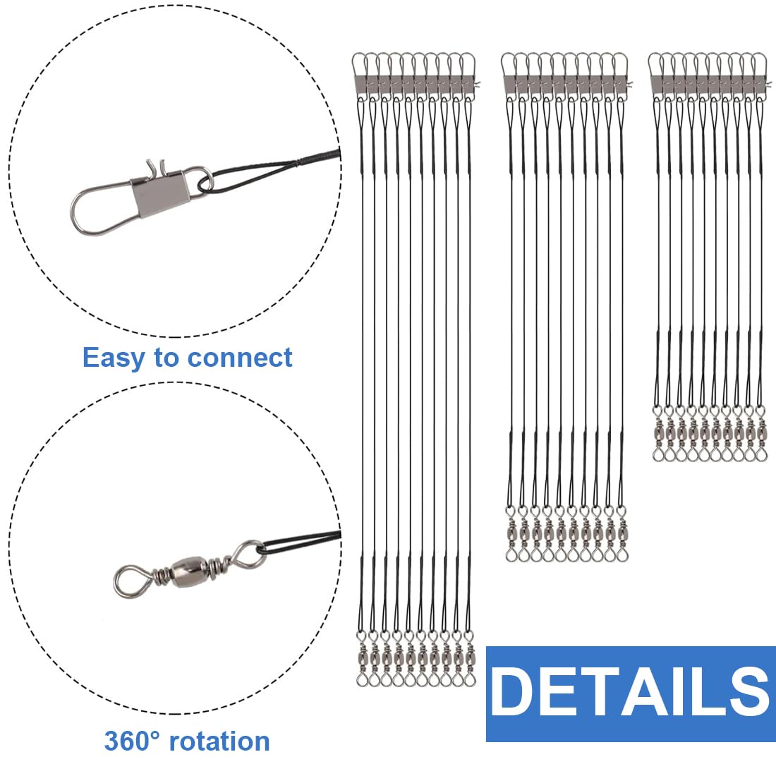 Bas de Ligne Acier Brochet 40PCS 15/20/25/30 cm, Bas de Ligne Carnassier Câbles de Pêche en Acier Inoxydable