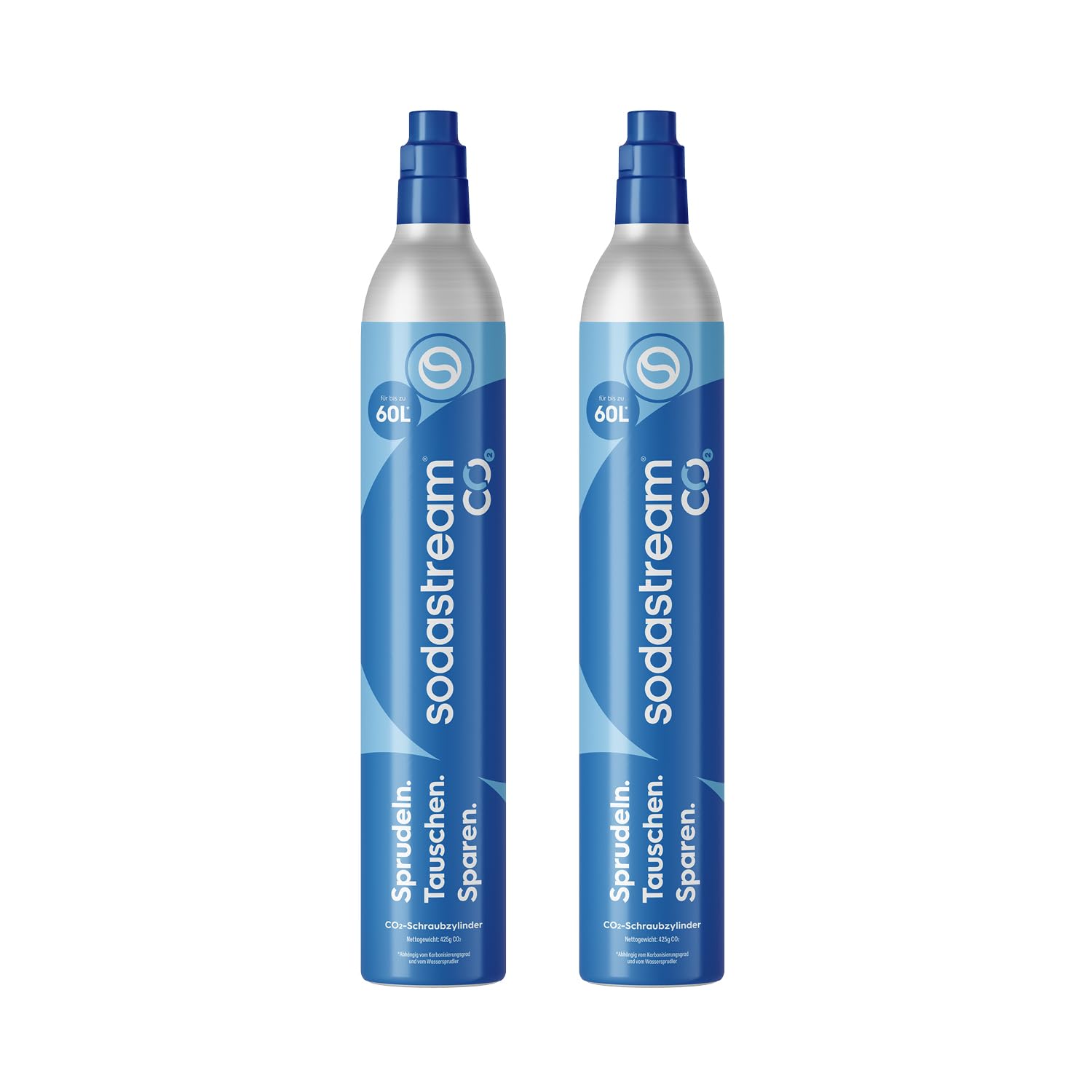 Sodastream - 2 x CO2-Zylinder für Sprudelwasserbereiter, blaues Einschraub-Gassystem, macht 60 Liter kohlensäurehaltige Getränke, kompatibel mit Spirit, Crystal und Genesis, Plastikmüll reduzieren