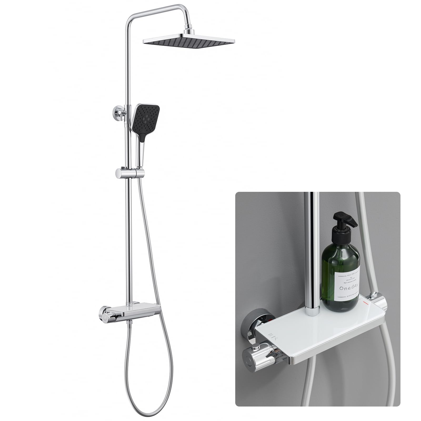 Auralum Système de douche avec thermostat et étagère en verre, mitigeur de douche complet avec douche à effet pluie, douche de tête de 30,5 cm, pommeau de douche à 3 types de jet, économe en eau