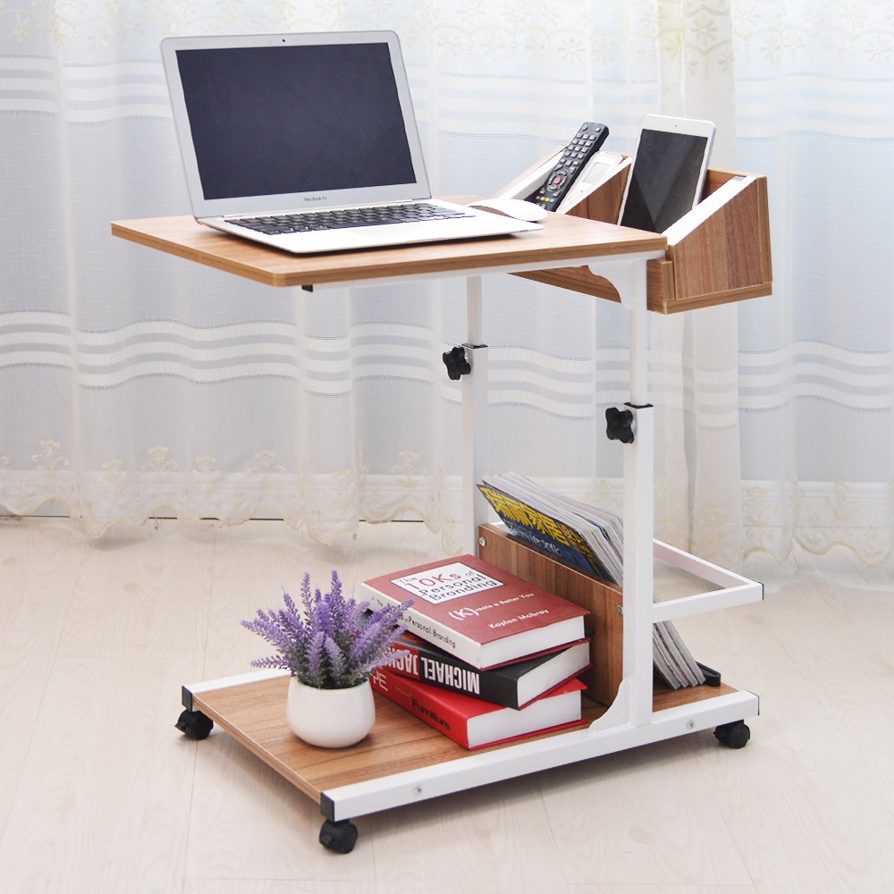 sogesfurniture Tavolo per computer portatile regolabile in altezza, tavolino mobile da divano, tavolo con ruote, spazio di archiviazione, per camera da letto, soggiorno, 50 x 40 x 55 – 80 cm, rovere