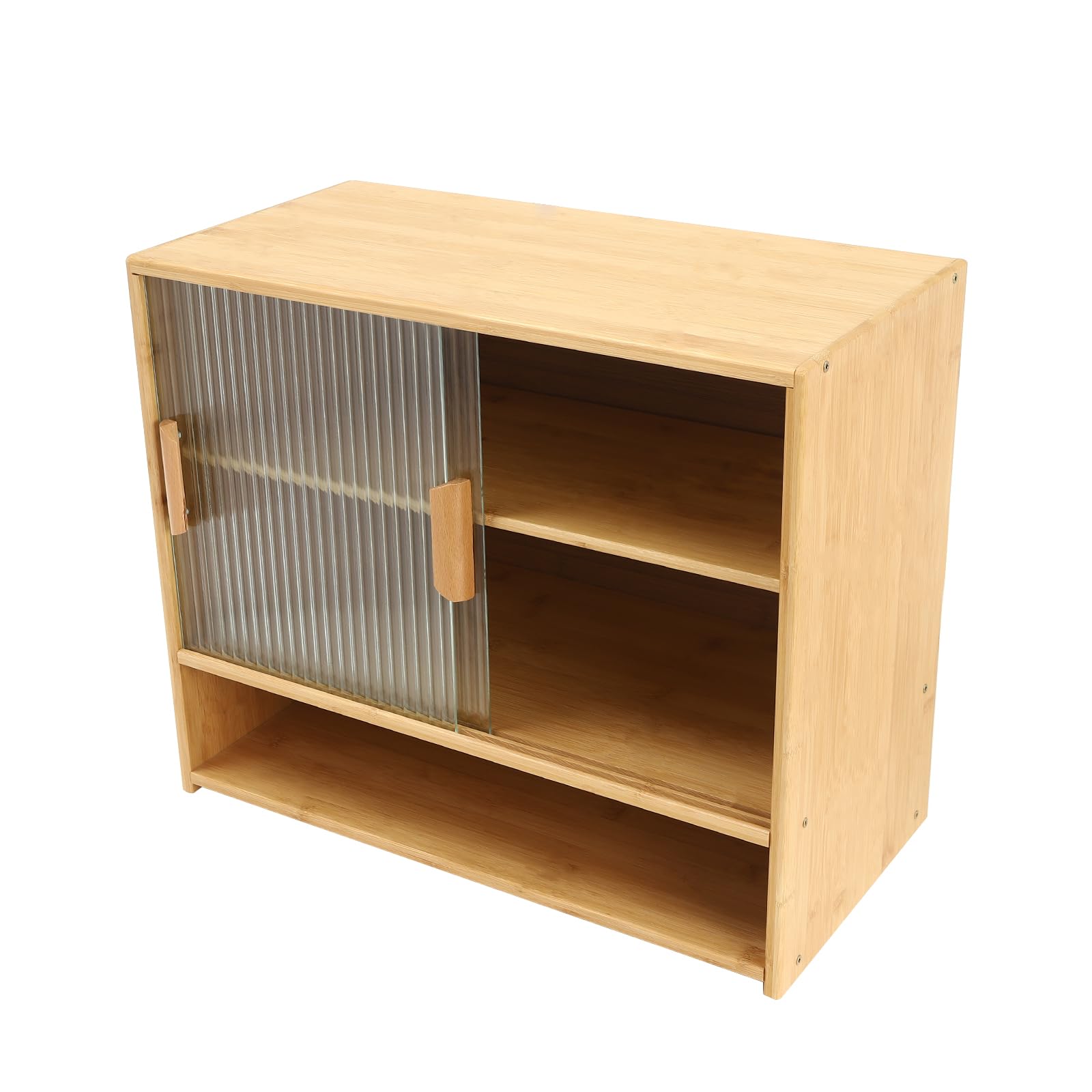 DEIGEHJRE Small Bamboo Kitchen Pantry Sideboard， with 2 Sliding Striped Glass Doors, Freestanding Countertop Storage Cabinet， for Spice Seasoning