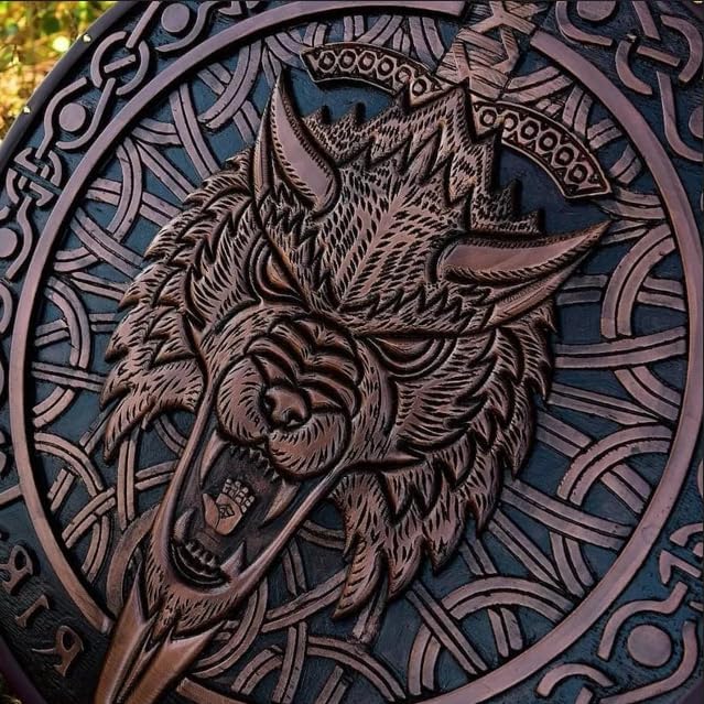 Ręcznie wykonana drewniana tarcza w średniowiecznym stylu do rekonstrukcji historycznych, LARP i dekoracyjnej ekspozycji - autentyczny design z - idealna do cosplay, średnica 61 cm,