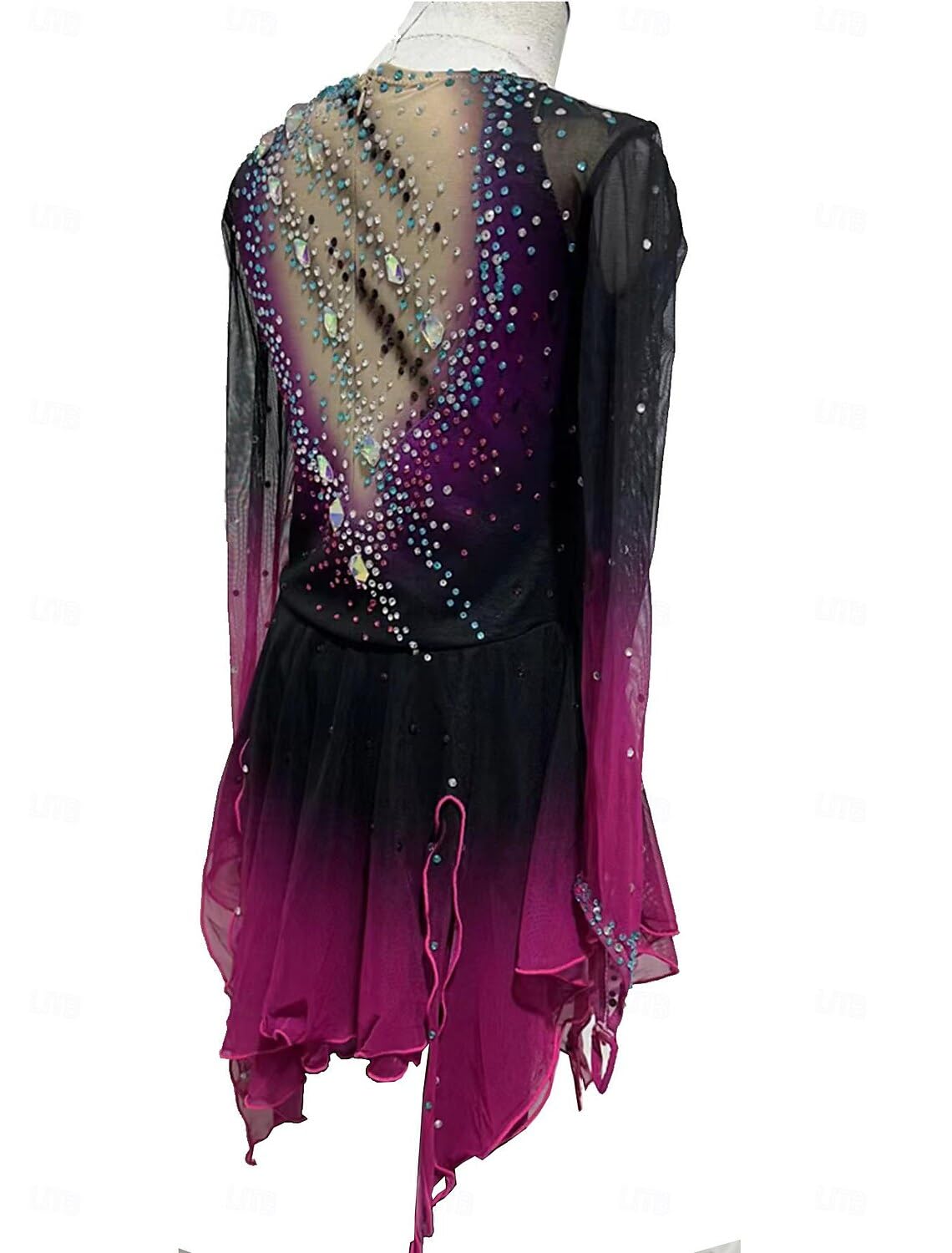 Handgefertigtes Eiskunstlauf Kleid Damen Mädchen Gradient Violett Mesh Spandex Spitze Wettbewerb Skating Bekleidung Kristall Strass