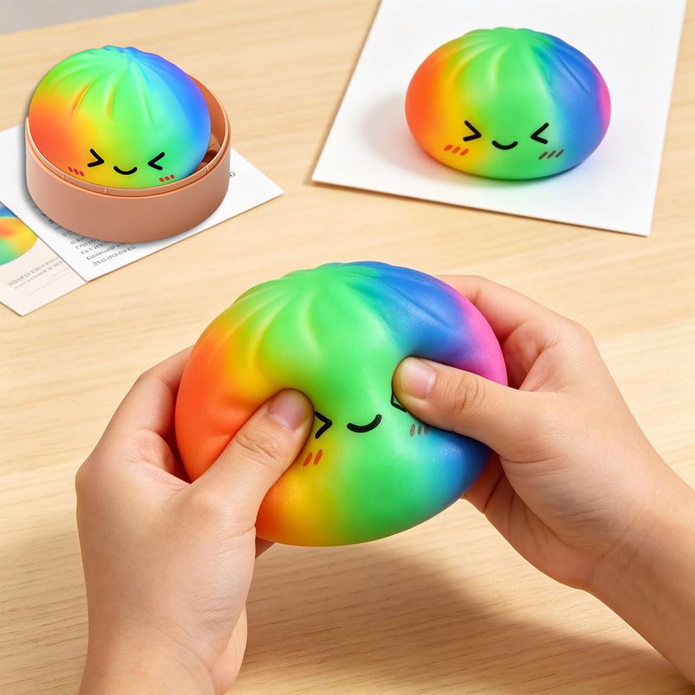 Juguete Anti-estrés Squishy Dumpling Gigante De 9x9cm – Arcoíris, Suave Y Elástico, Con Cesta De Vapor