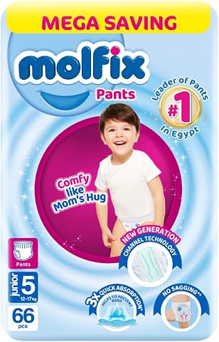 Molfix Baby Diaper Pants Size 5, Mega Pack, 12-15 KG, 66 Units, Molfix Pants Diapers, Size 5, 12-15 KG, 66 Count, Cotton Material