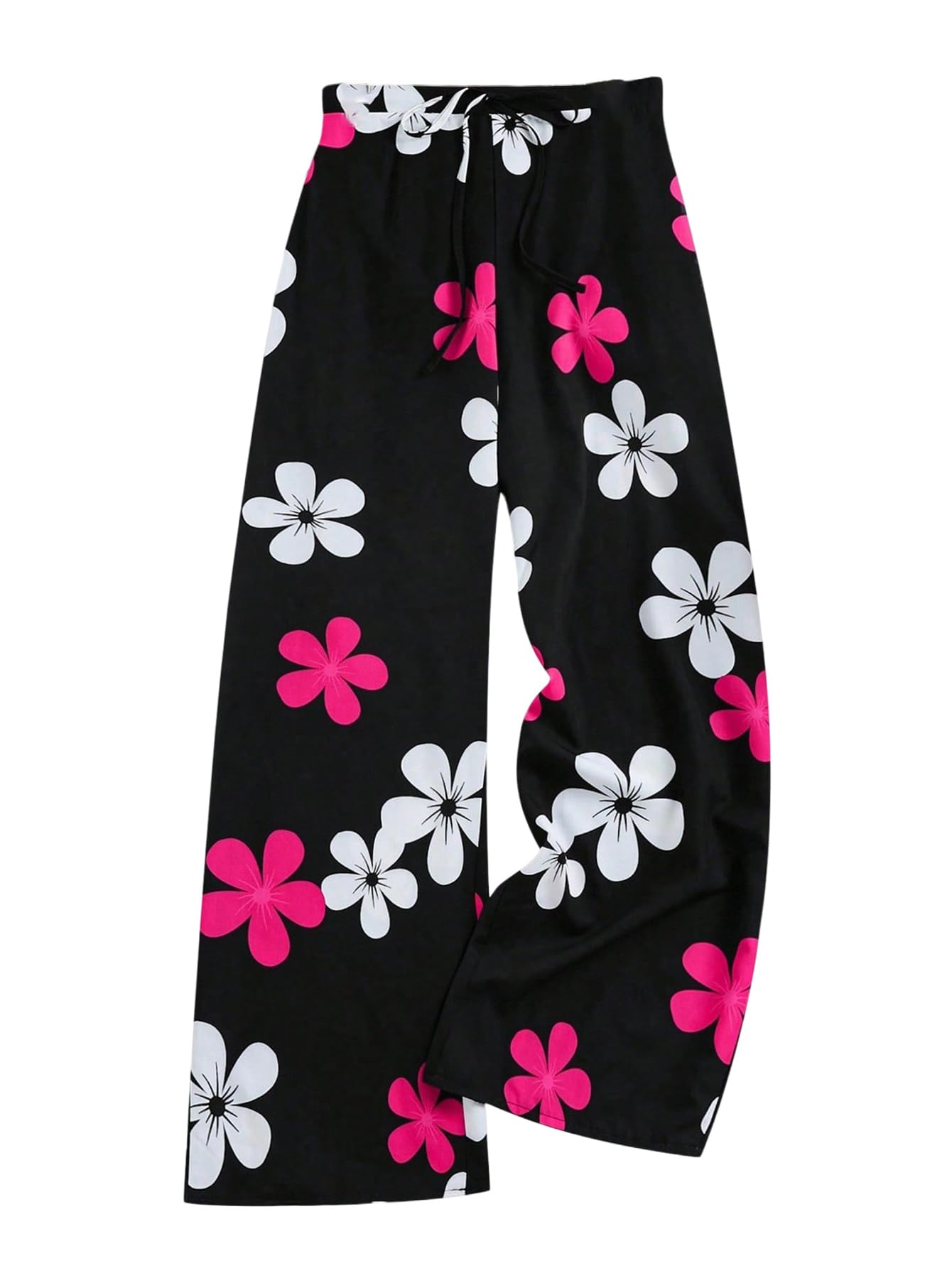 OYOANGLE Womens Floral Straight Leg Pants Drawstring High Waisted Flowy Palazzo Trousers