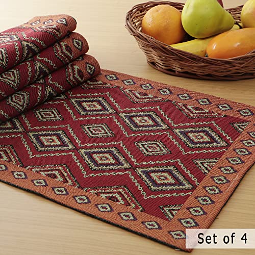 Image of HOKIPO Cotton Jacquard Dinner Table Placemats Set of 4 (12x18 Inches) (IN-530-D2*4) Red Diamond