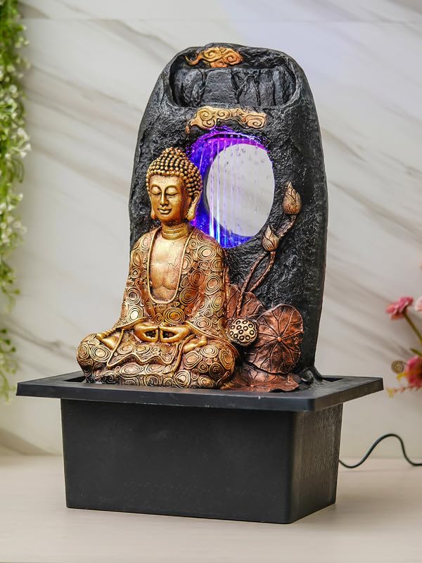Image of Golden Brown Polyresin Tabletop Buddha Indoor Water Fountain for Home Decor with LED, Speed Control Pump (Size: 37 x 28 x 56 CM | Weight: 2910Gram)