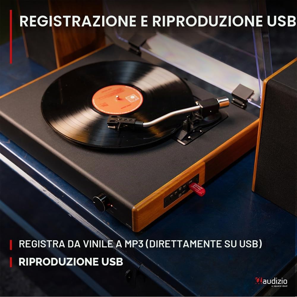 Audizio RP335 - Giradischi in stile retrò con altoparlanti stereo da 40 W, sistema stereo Bluetooth, conversione MP3 USB, piedini ammortizzanti, design vintage