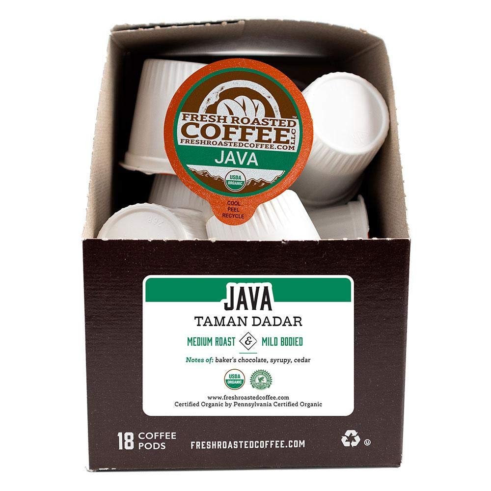 Fresh Roasted Coffee, Organic Java Taman Dadar, Medium Roast, Kosher RFA, K-Cup Compatible, 18 Pods