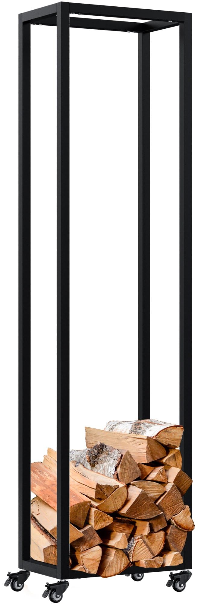 CLP Portalegna da Interno in Metallo con Ruote Hilta, scaffale in Metallo Robusto, stoccaggio Legna da ardere in Salotto Colore Nero Dimensione 25x40x150 cm