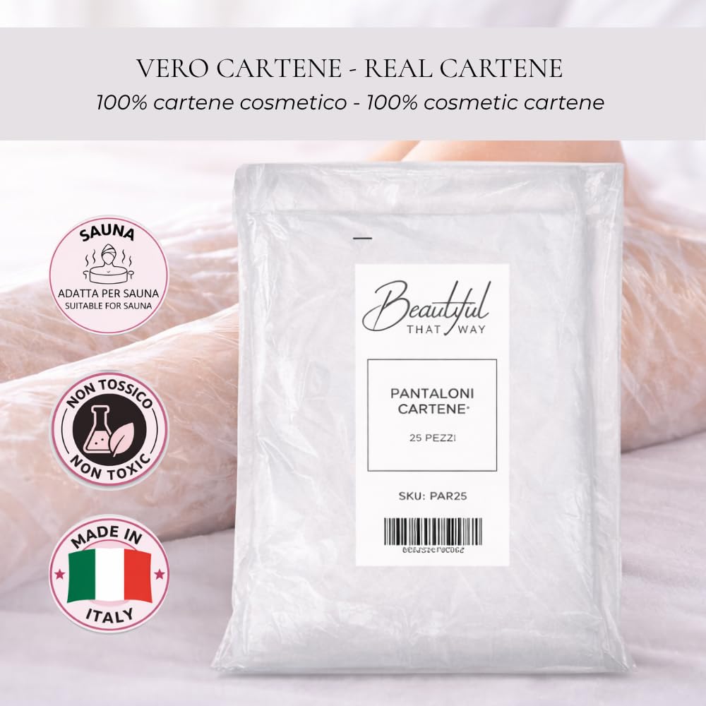 Pantalones para tratamientos de belleza 25 unidades 80x160 cm Beautiful That Way Cartene talla única desechables impermeables ideales para lodos, vendajes, presoterapia, uso profesional