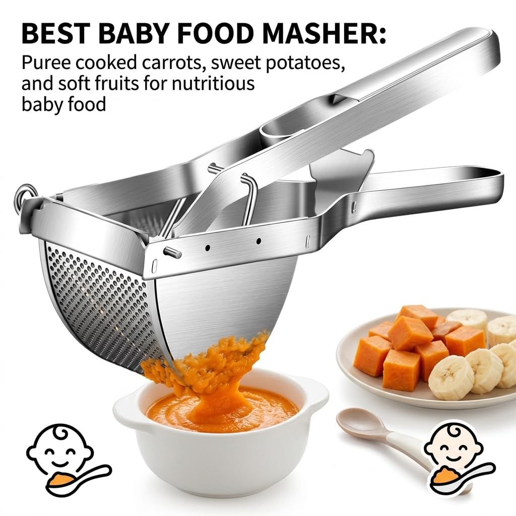 Prensador de patatas de acero inoxidable con raspador de masa, exprimidor para puré de papas, triturador profesional, herramienta de cocina, prensa de frutas, triturador de alimentos para bebés,