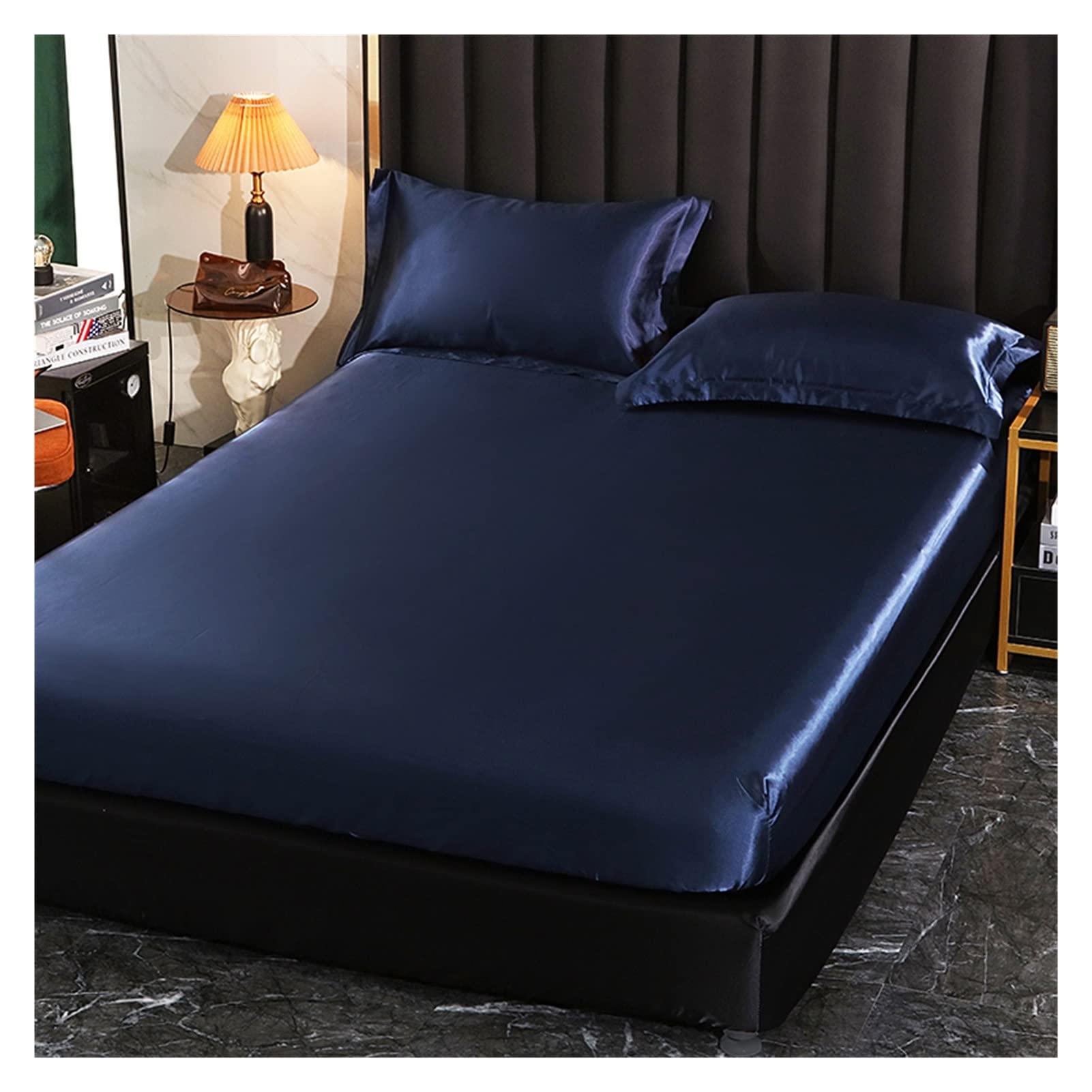 LHSJYG Sabanas Saten Sábana de satén con cinturón elástico Sábana Bajera de Repuesto Funda de colchón/140/160/200/Sábana Doble sin Funda de Almohada(Zang LAN se,160x200x25cm)