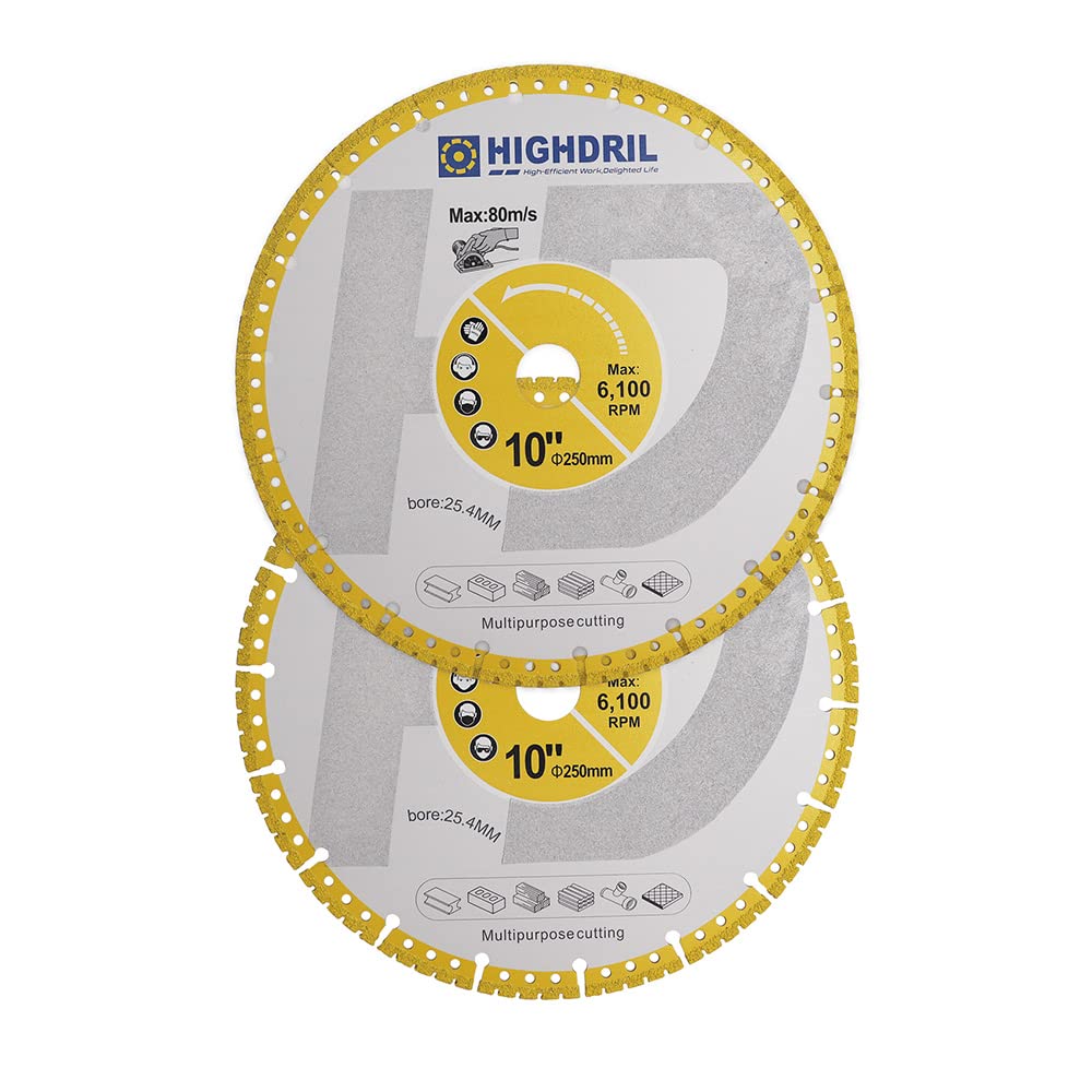 HIGHDRIL Diamond Metal Cutting Blade - 2pcs 250mm/ 10inch Heavy Duty All-Purpose Cutting Disc for Rebar Sheet Metal Angle Iron Stainless Steel Granite Marble