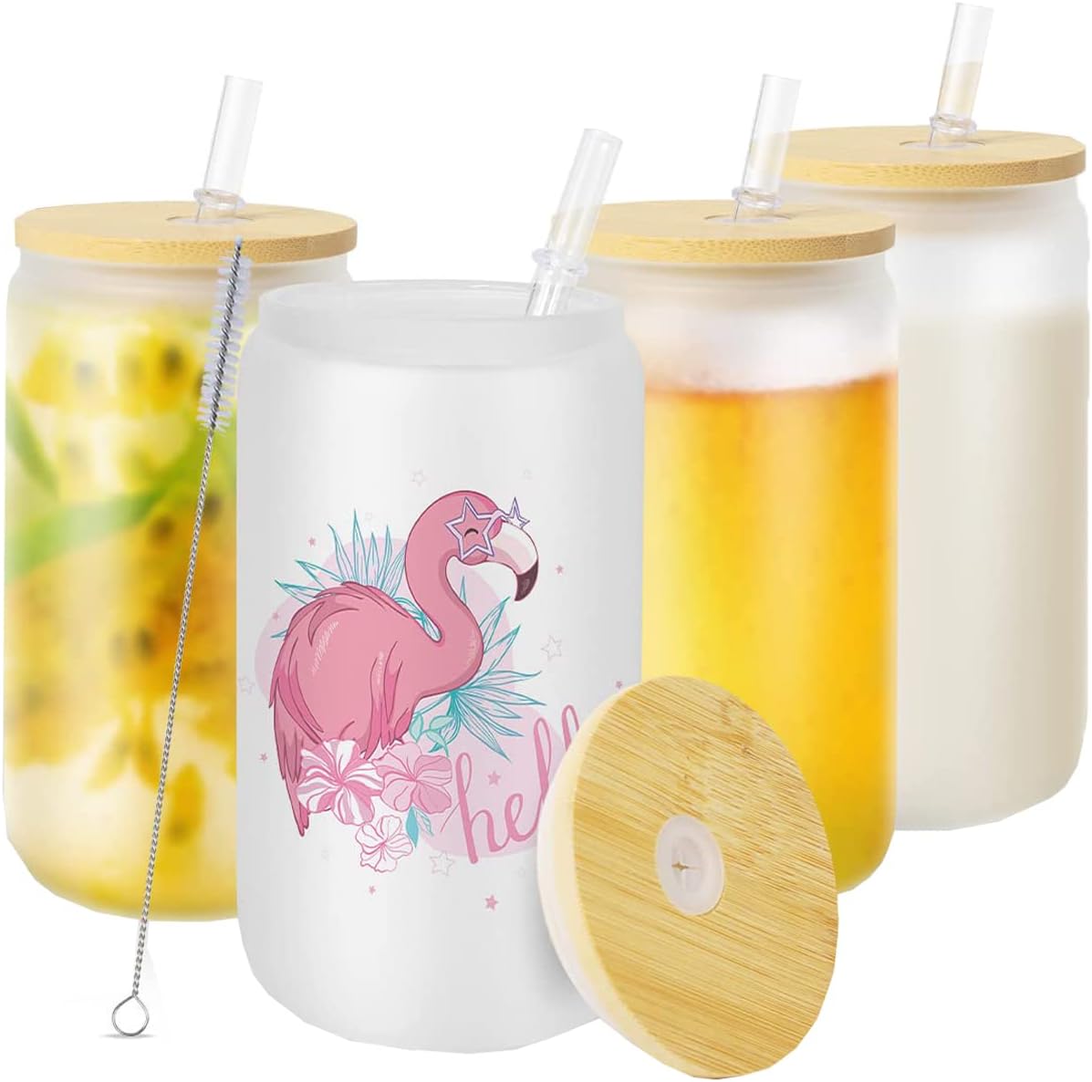 Sublimation Glass Blanks with Bamboo Lid - 350ml Frosted Sublimation Can Glass - Sublimation Glass Tumblers for Iced Coffee Juice Soda Drinks (4 PACK)