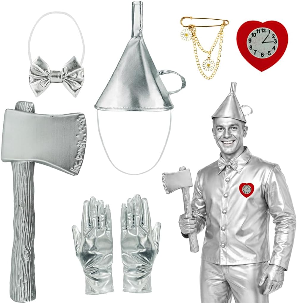 Tin Costume Accessories Set for Man Funnel Hat Fake Axe Heart Clock Pin Gloves Bow Tie Kit Halloween Cosplay