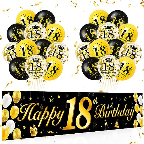 18. Geburtstag Deko Jungen und Mädchen, Happy 18 Birthday Banner Schwarz Gold, Geburtstagsfeier Deko Banner mit Luftballons, Schwarz und Gold 18 Geburtstag Banner 210 × 40 cm Lange 18. Geburtstag Deko Jungen und Mädchen, Happy 18 Birthday Banner Schwarz Gold, Geburtstagsfeier Deko Banner mit Luftballons, Schwarz und Gold 18 Geburtstag Banner 210 × 40 cm Lange