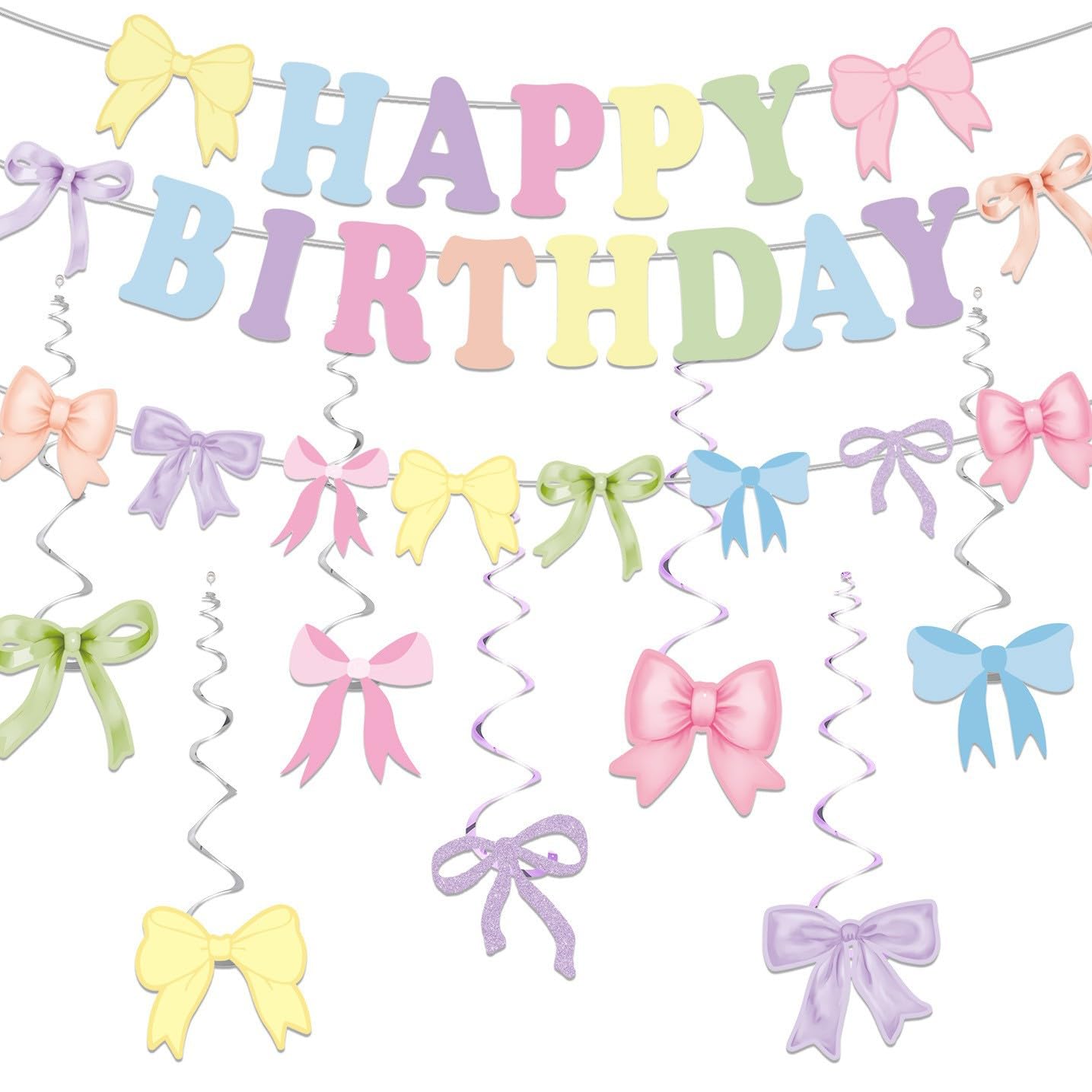 Macarons Happy Birthday Banner with Hanging Swirls for Girl Women Kids Birthday Decor