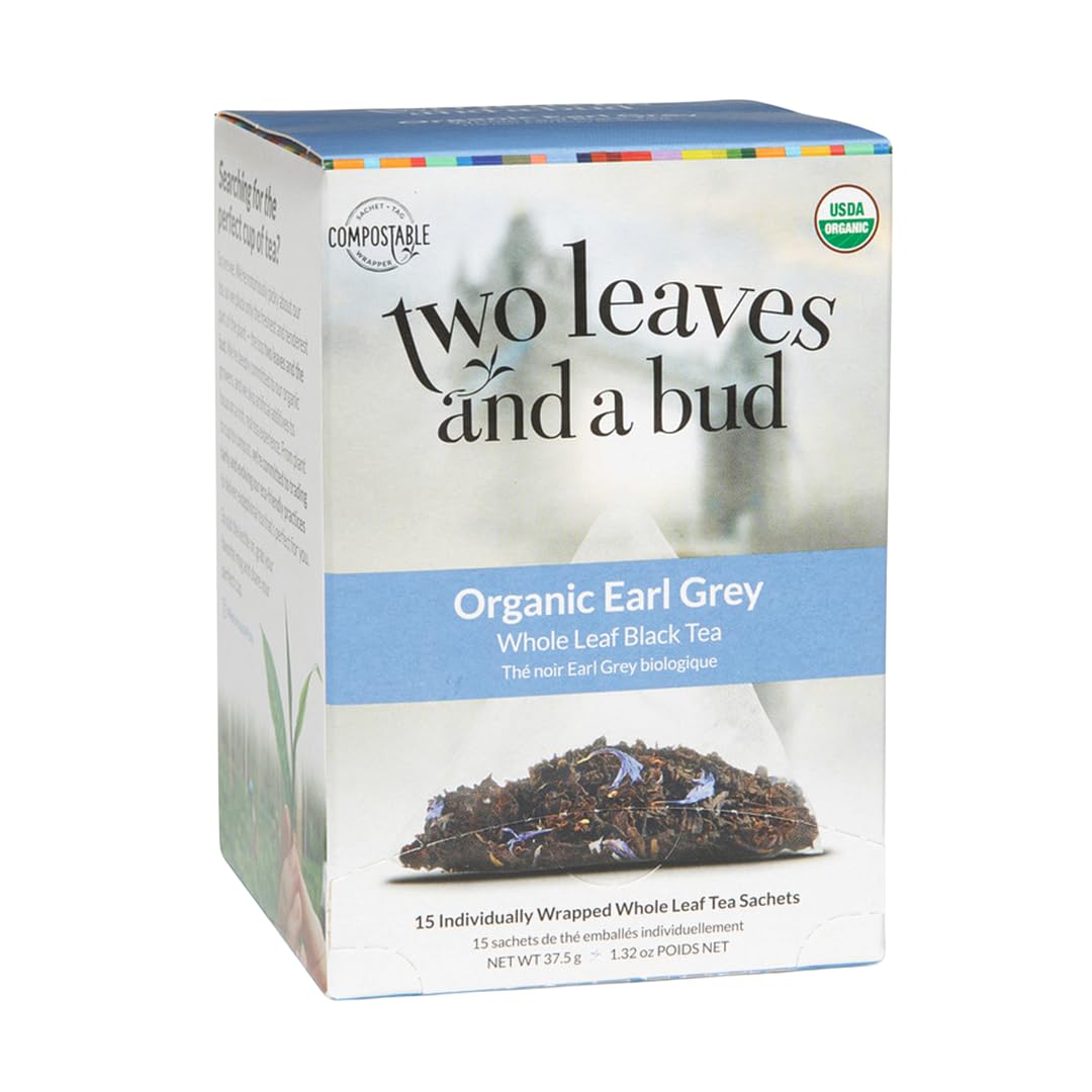 Two Leaves and a Bud Organic Earl Grey Tea Bags, Whole Leaf Caffeinated Black Tea in Compostable Sachets, 15 Count (Pack of 1)
