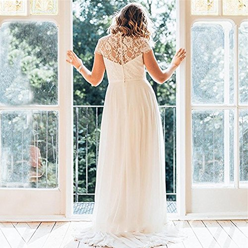 Deep Scallop Appliques Lace Short Sleeve Plus Size Beach Wedding Dress for Bride2