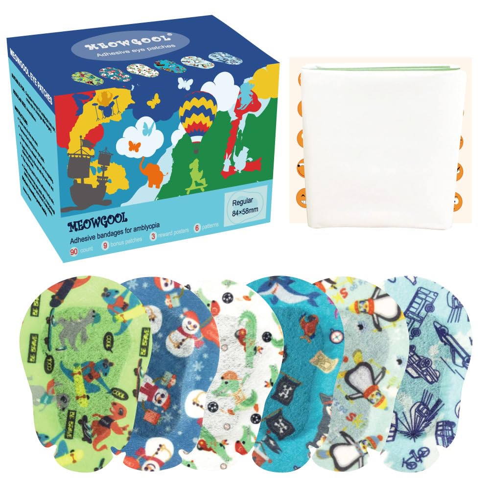 Meowgool Adhesive Eye Patches for Kids with Lazy Eye, 90+9 Bonus Patches, Adhesive Bandages for Amblyopia, 6 Fun Boys Designs (Regular Size)