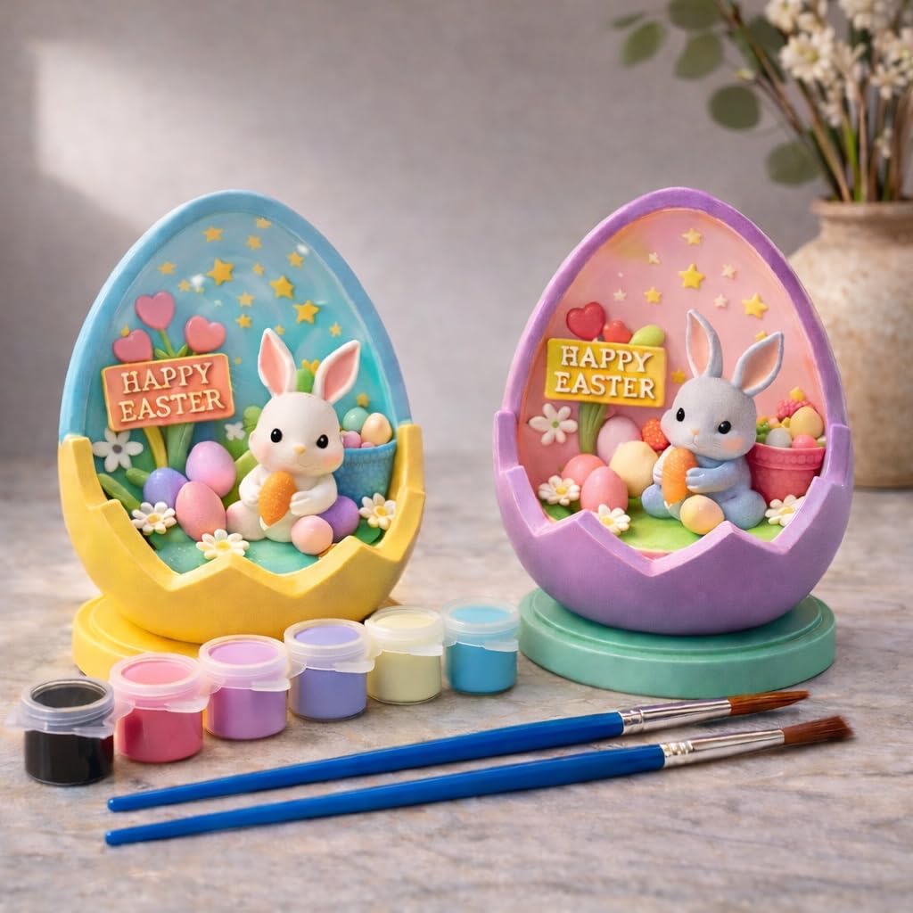 DorDor & GorGor Easter Bunny Egg Painting Kit – DIY Easter Craft Set with Bunny Egg Figurine, 6 Acrylic Paint Colors & Brush, Easter Basket Stuffer, Easter Activity & Holiday Table Decoration
