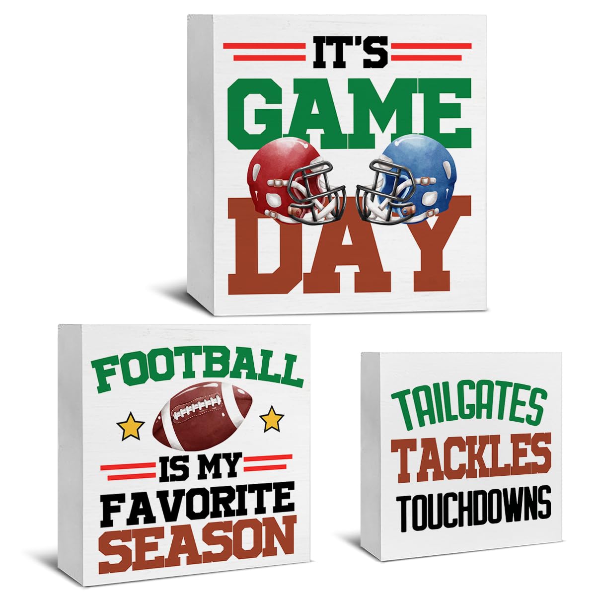 3 Pcs Football Wood Signs Decor Sports Wood Block Sign Football Season It's Game Day Wooden Box Signs Decorations for Home Tiered Tray Desk Table