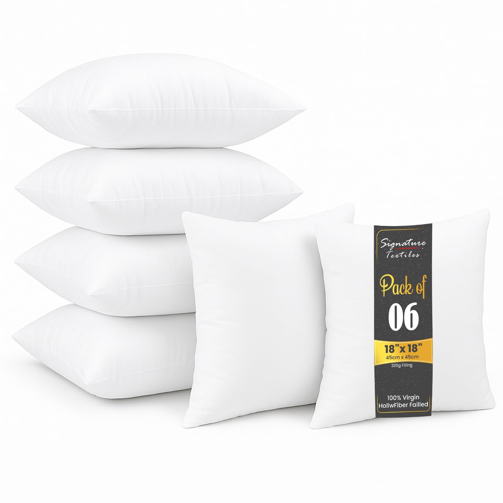 Signature Textiles® Cushion Inserts Hypoallergenic Fluffy White Cushion Inner Perfect Hollowfibre for Sofa Cushion Pads 18"x18" Pack Of 6