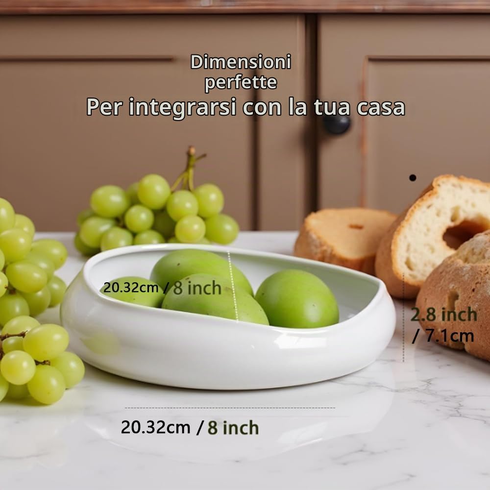 Ciotola per Frutta Irregolare in Ceramica, 21 CM, Adatta Per Piani di Lavoro, Come Decorazione da Tavolo in Ceramica, Lavabile in Lavastoviglie e Microonde (Bianco Grigiastro)