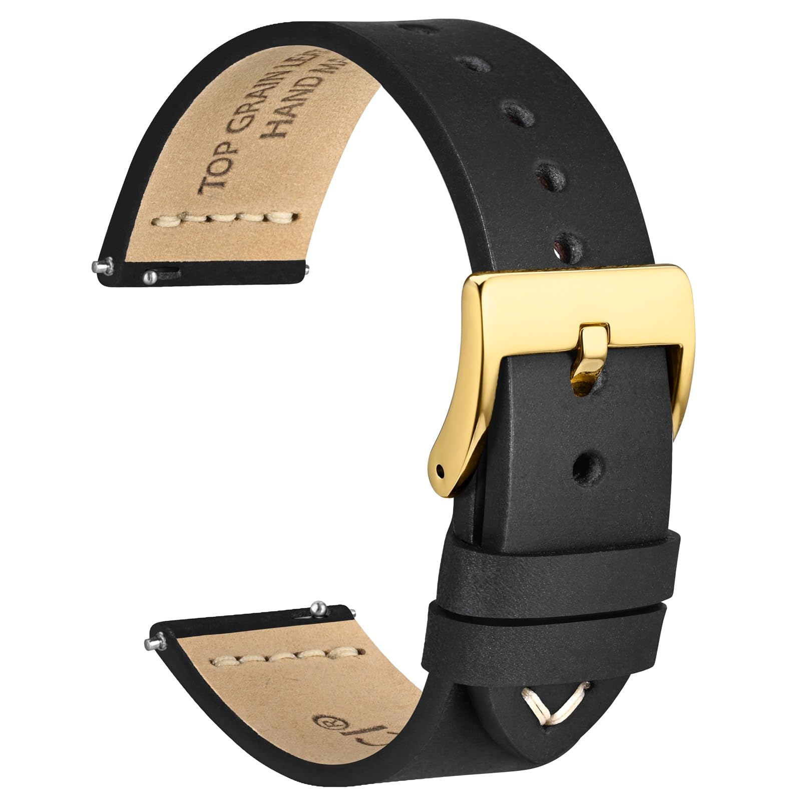WOCCI 22mm Old-fashioned Watch Band for Men, Top Grain Leather, Golden Polished Buckle (Black)