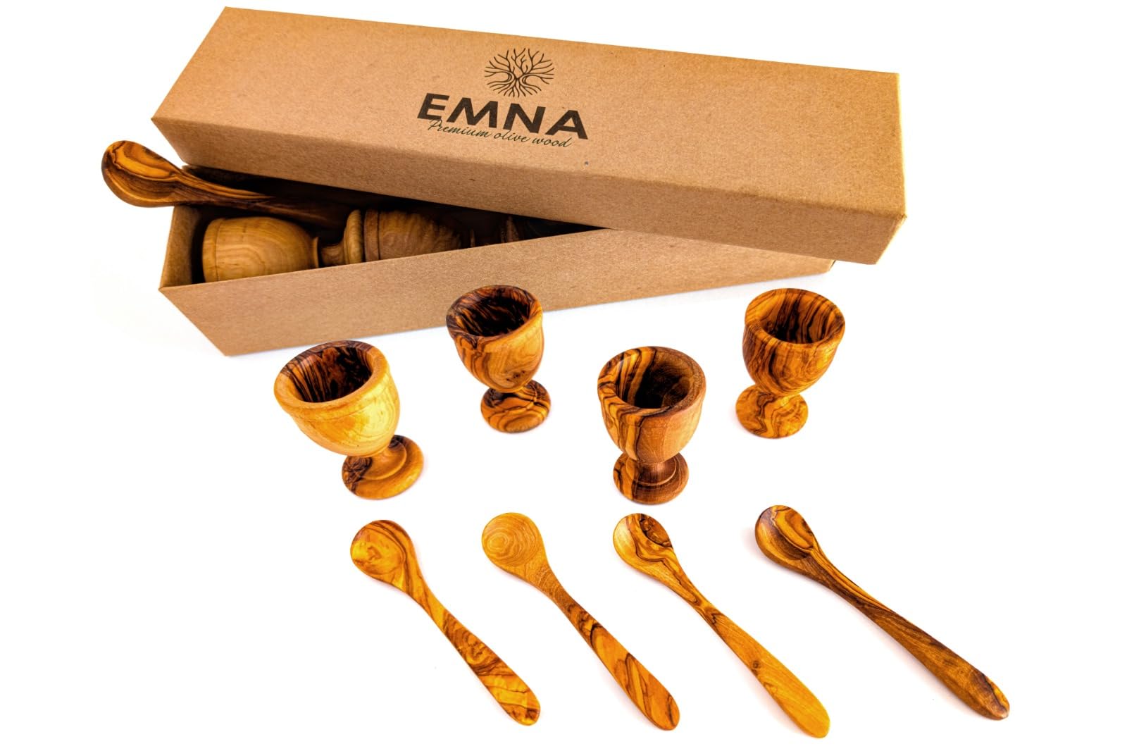 EMNA Lot de 8 coquetiers en bois d'olivier - 4 coquetiers tournés à la main et 4 cuillères en bois - Idée cadeau élégante pour Pâques et Noël - Coffret cadeau exclusif avec certificat d'authenticité