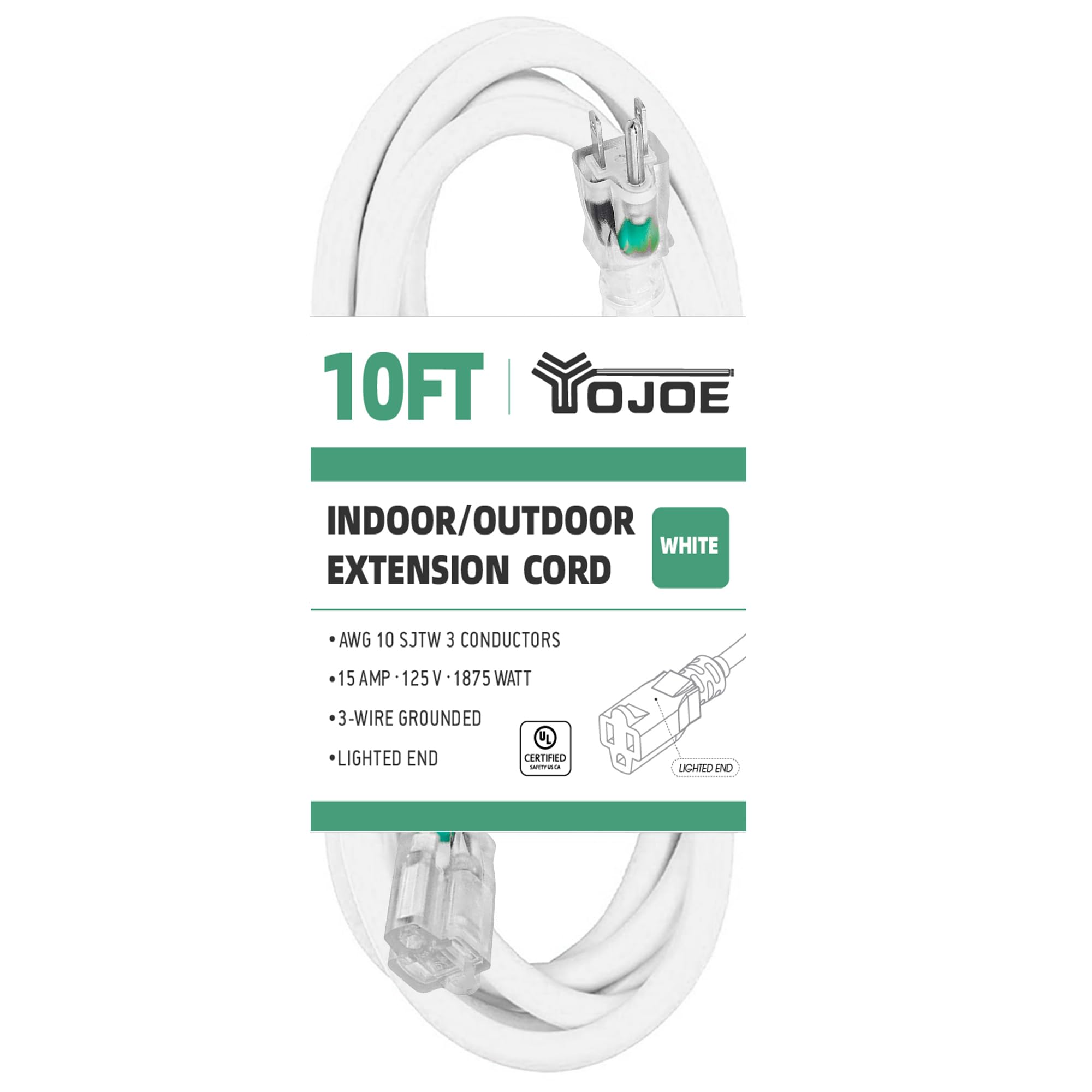 YOJOE 10 Foot 10/3 Lighted Outdoor Extension Cord - 10 Gauge 3 Prong SJTW Heavy Duty White Extension Cable with 3 Prong Grounded Plug for Safety,UL Listed