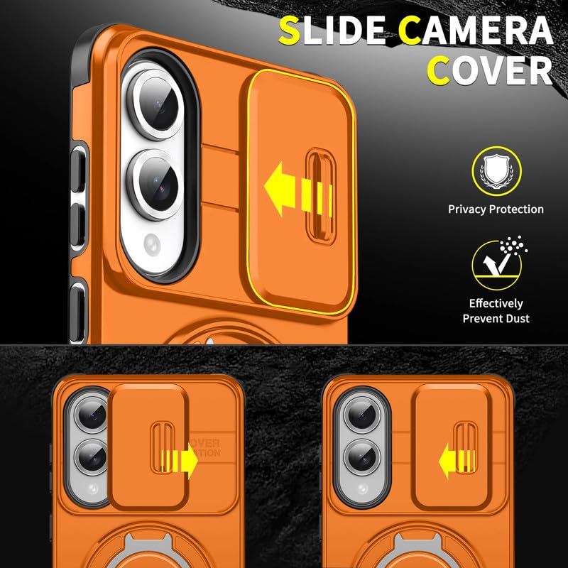 Image of LuxuryKase Shockproof Rugged Case for Samsung Galaxy S25 Edge | Slide Camera Cover | 360 Rotating Ring Kickstand | Military-Grade Protection - Sunset Orange