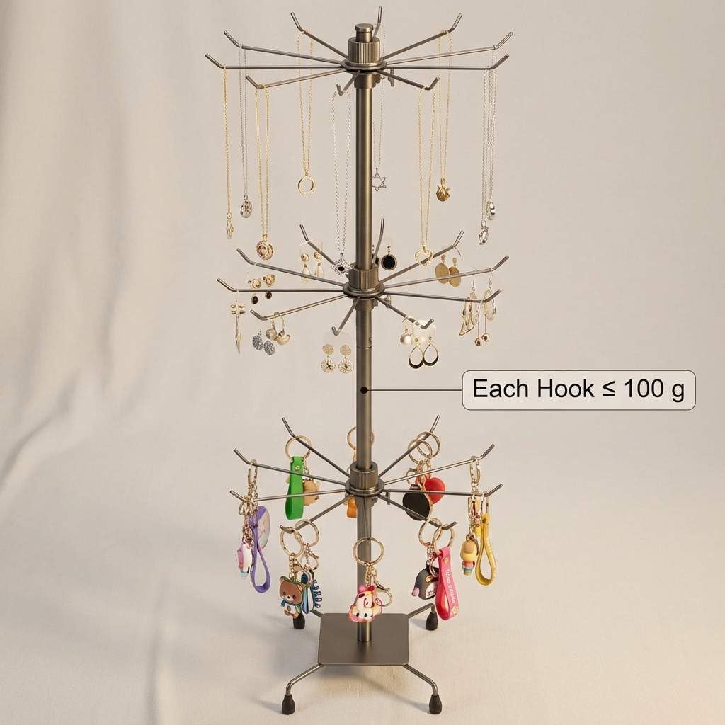 QWORK 3-Tier Rotating Metal Jewelry Display Stand – 2 Sets Adjustable Tabletop Holder for Necklace, Earring & Key Ring - Image 3