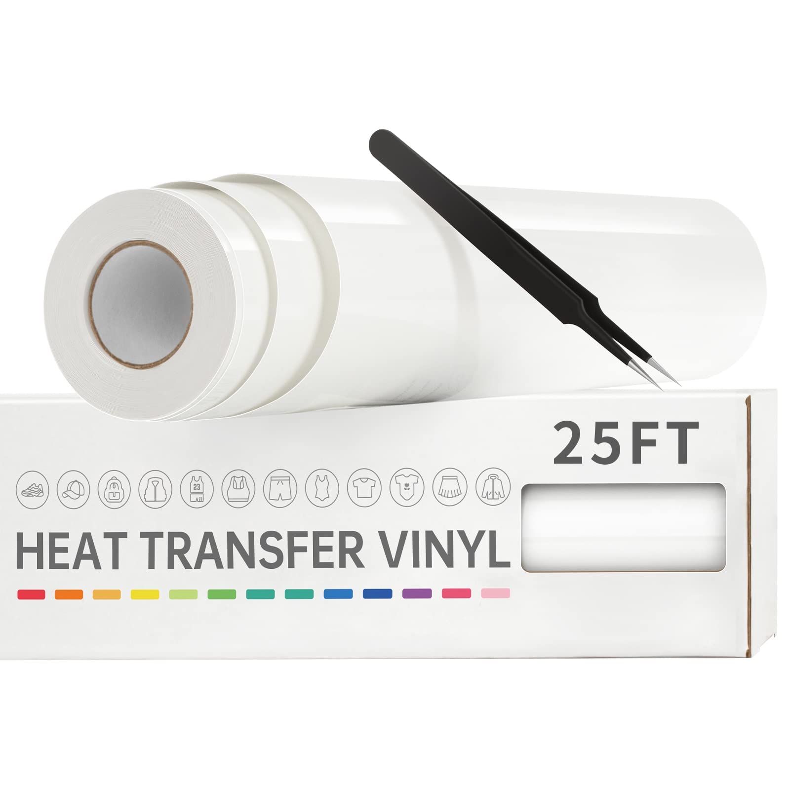 VinylRus Heat Transfer Vinyl-12” x 25ft White Iron on Vinyl Roll for Shirts, HTV Vinyl for Silhouette Cameo, Easy to Cut & Weed